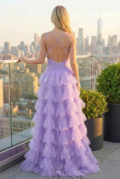 Tiered Ruffle Cake Skirt Printed Tulle Prom Dress with Open Back | Sevoba
