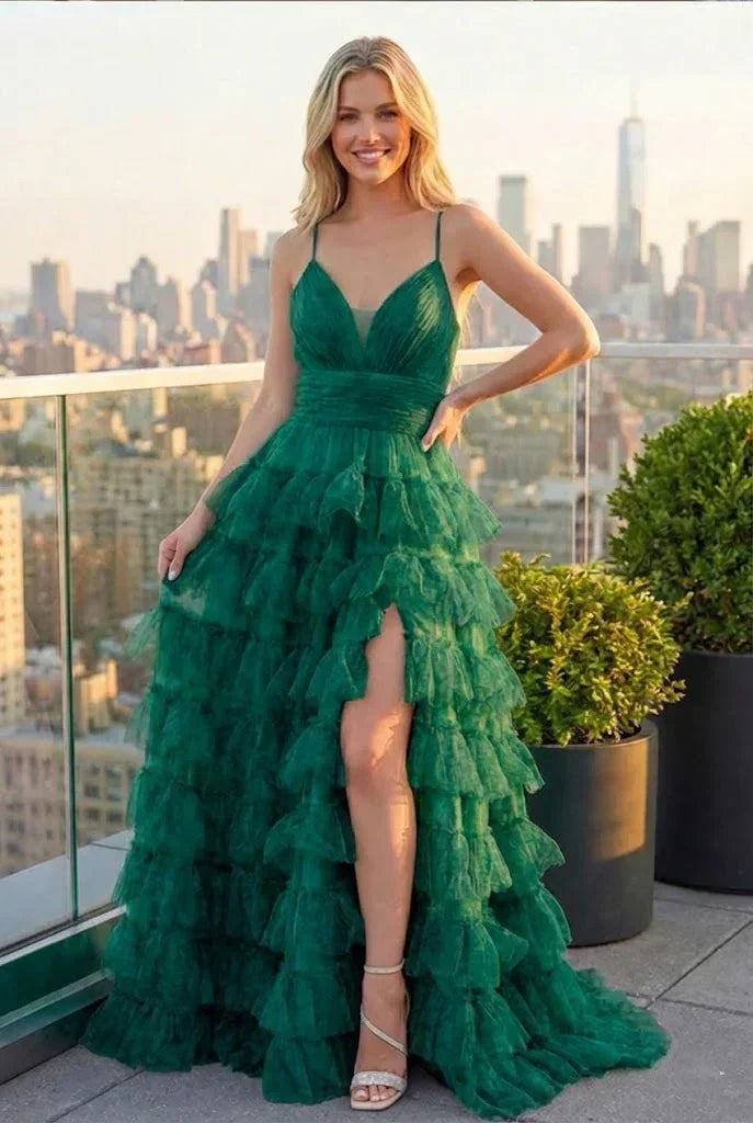 Tiered Ruffle Cake Skirt Printed Tulle Prom Dress with Open Back | Sevoba