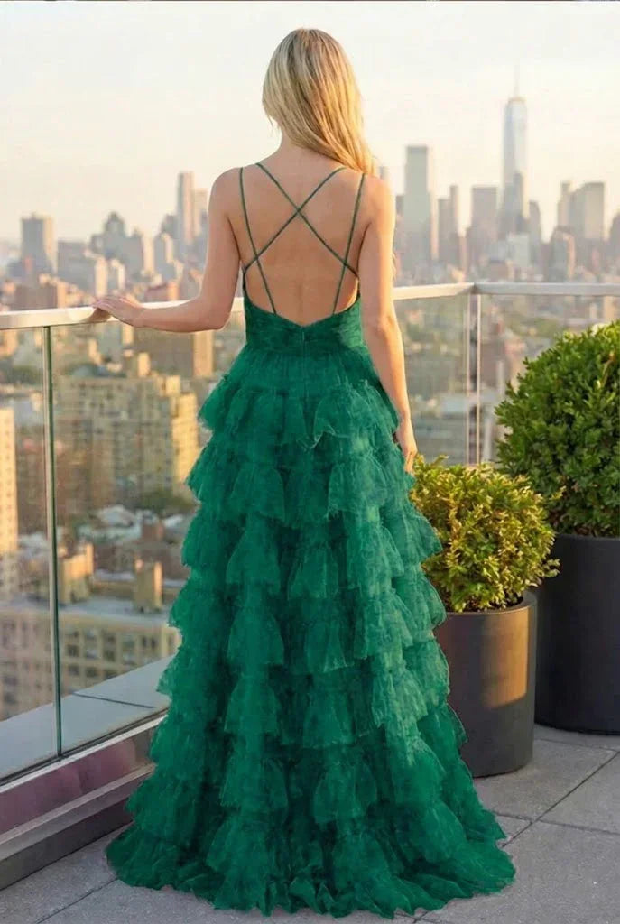 Tiered Ruffle Cake Skirt Printed Tulle Prom Dress with Open Back | Sevoba