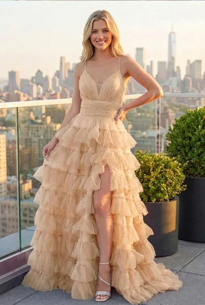 Tiered Ruffle Cake Skirt Printed Tulle Prom Dress with Open Back | Sevoba