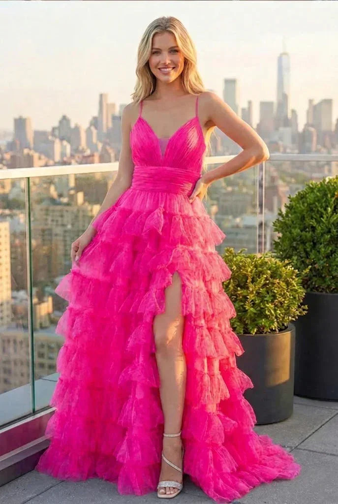 Tiered Ruffle Cake Skirt Printed Tulle Prom Dress with Open Back | Sevoba