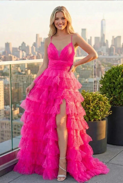 Tiered Ruffle Cake Skirt Printed Tulle Prom Dress with Open Back | Sevoba