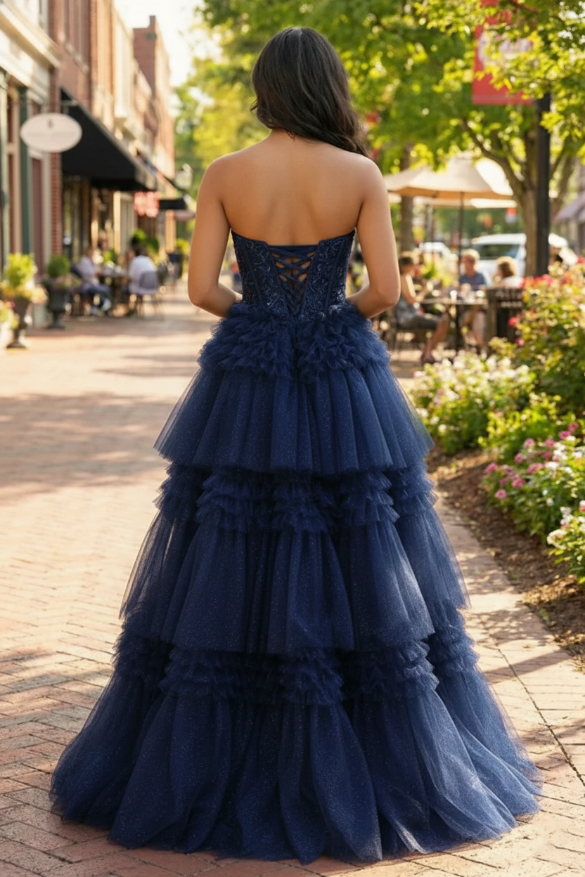 Tiered Ruffle Strapless Tulle Corset Prom Dress | Sevoba
