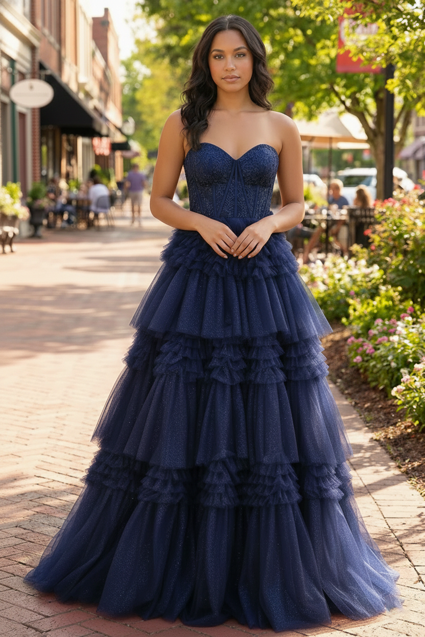Tiered Ruffle Strapless Tulle Corset Prom Dress | Sevoba