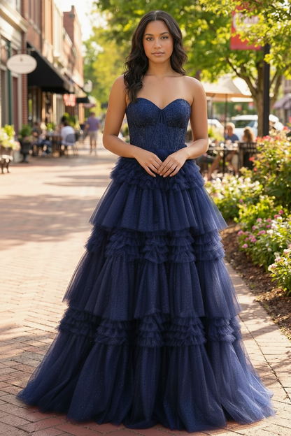 Tiered Ruffle Strapless Tulle Corset Prom Dress | Sevoba
