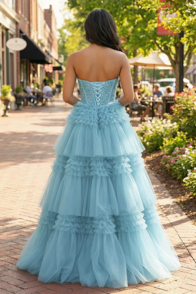Tiered Ruffle Strapless Tulle Corset Prom Dress | Sevoba