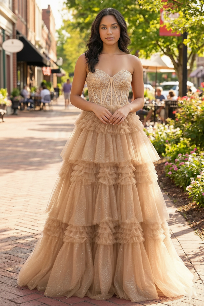 Tiered Ruffle Strapless Tulle Corset Prom Dress | Sevoba