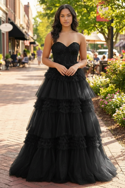Tiered Ruffle Strapless Tulle Corset Prom Dress | Sevoba