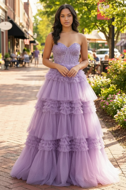 Tiered Ruffle Strapless Tulle Corset Prom Dress | Sevoba