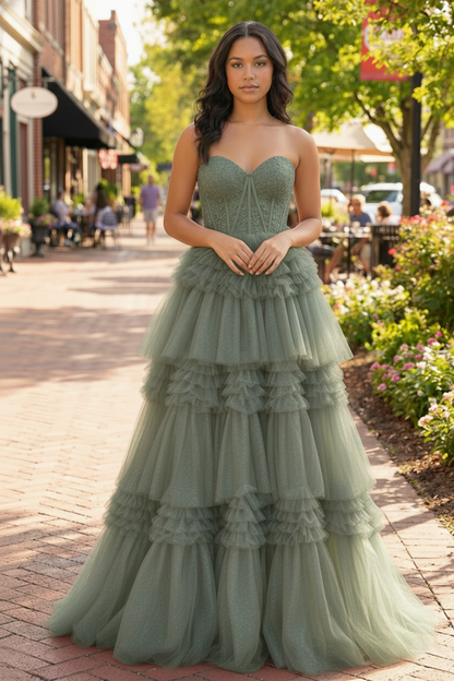Tiered Ruffle Strapless Tulle Corset Prom Dress | Sevoba