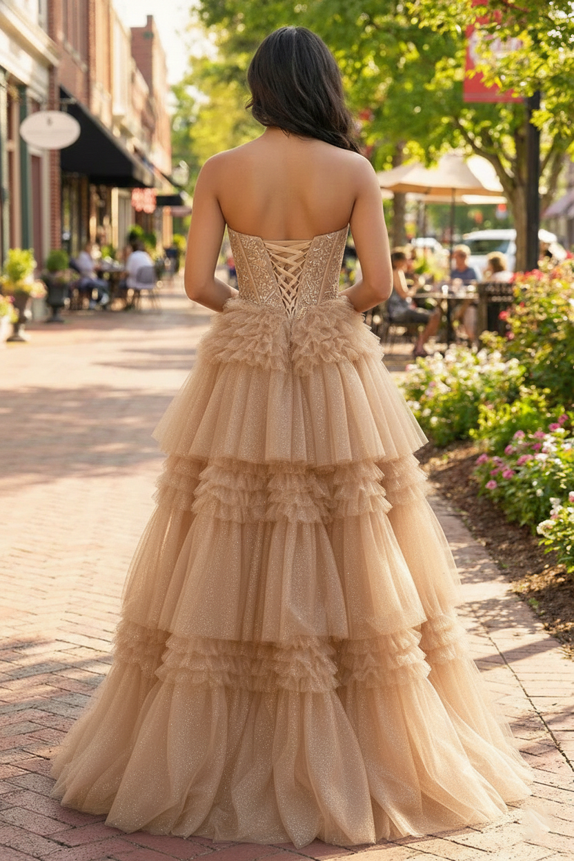 Tiered Ruffle Strapless Tulle Corset Prom Dress | Sevoba