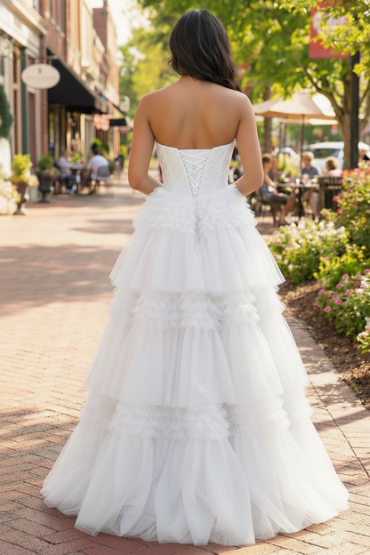 Tiered Ruffle Strapless Tulle Corset Prom Dress | Sevoba