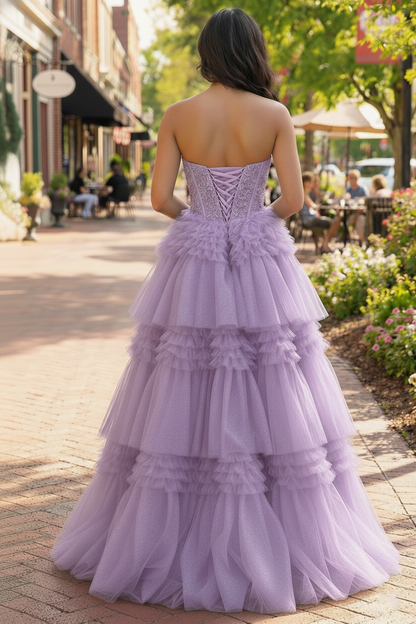 Tiered Ruffle Strapless Tulle Corset Prom Dress | Sevoba