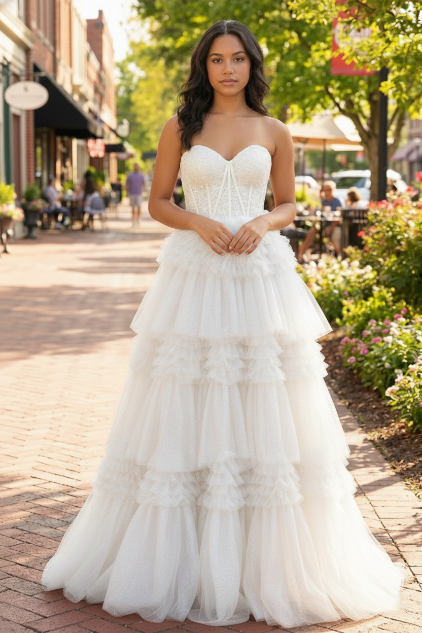 Tiered Ruffle Strapless Tulle Corset Prom Dress | Sevoba