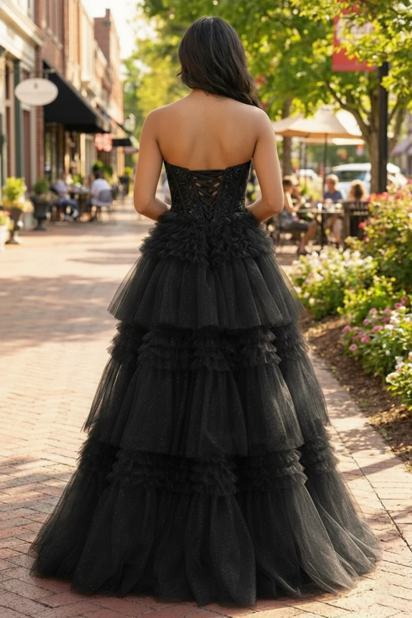 Tiered Ruffle Strapless Tulle Corset Prom Dress | Sevoba