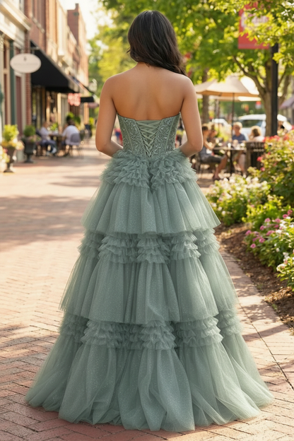Tiered Ruffle Strapless Tulle Corset Prom Dress | Sevoba