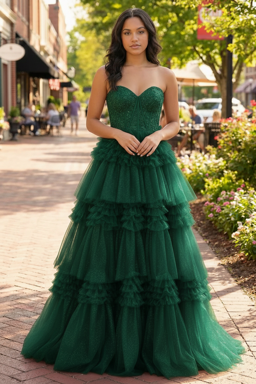 Tiered Ruffle Strapless Tulle Corset Prom Dress | Sevoba