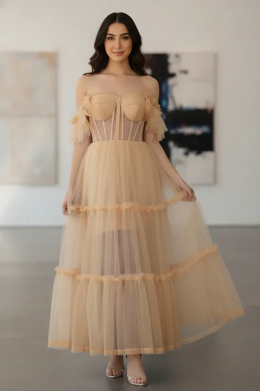 Tiered Tulle Off Shoulder Tea-Length Prom Dress with Corset Bodice | Sevoba