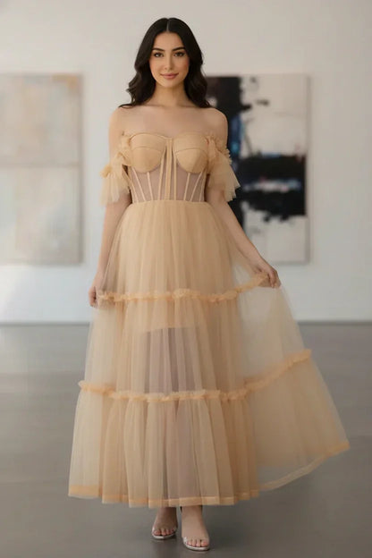 Tiered Tulle Off Shoulder Tea-Length Prom Dress with Corset Bodice | Sevoba