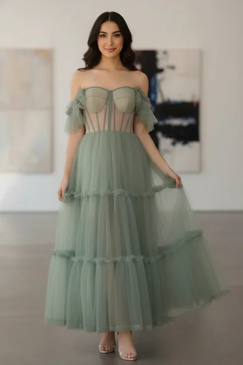 Tiered Tulle Off Shoulder Tea-Length Prom Dress with Corset Bodice | Sevoba