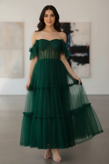 Tiered Tulle Off Shoulder Tea-Length Prom Dress with Corset Bodice | Sevoba