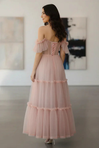 Tiered Tulle Off Shoulder Tea-Length Prom Dress with Corset Bodice | Sevoba