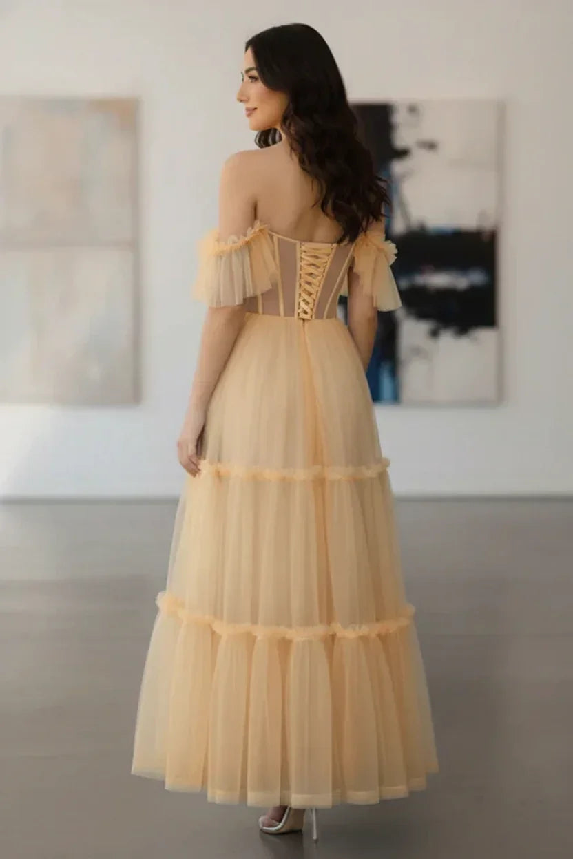 Tiered Tulle Off Shoulder Tea-Length Prom Dress with Corset Bodice | Sevoba