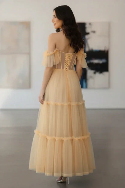 Tiered Tulle Off Shoulder Tea-Length Prom Dress with Corset Bodice | Sevoba