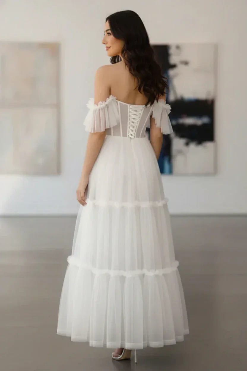 Tiered Tulle Off Shoulder Tea-Length Prom Dress with Corset Bodice | Sevoba