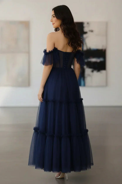 Tiered Tulle Off Shoulder Tea-Length Prom Dress with Corset Bodice | Sevoba