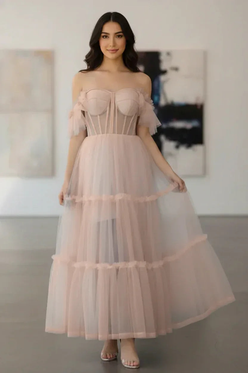 Tiered Tulle Off Shoulder Tea-Length Prom Dress with Corset Bodice | Sevoba