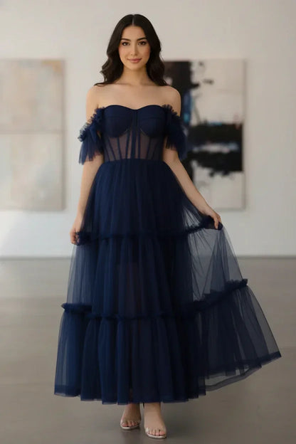 Tiered Tulle Off Shoulder Tea-Length Prom Dress with Corset Bodice | Sevoba