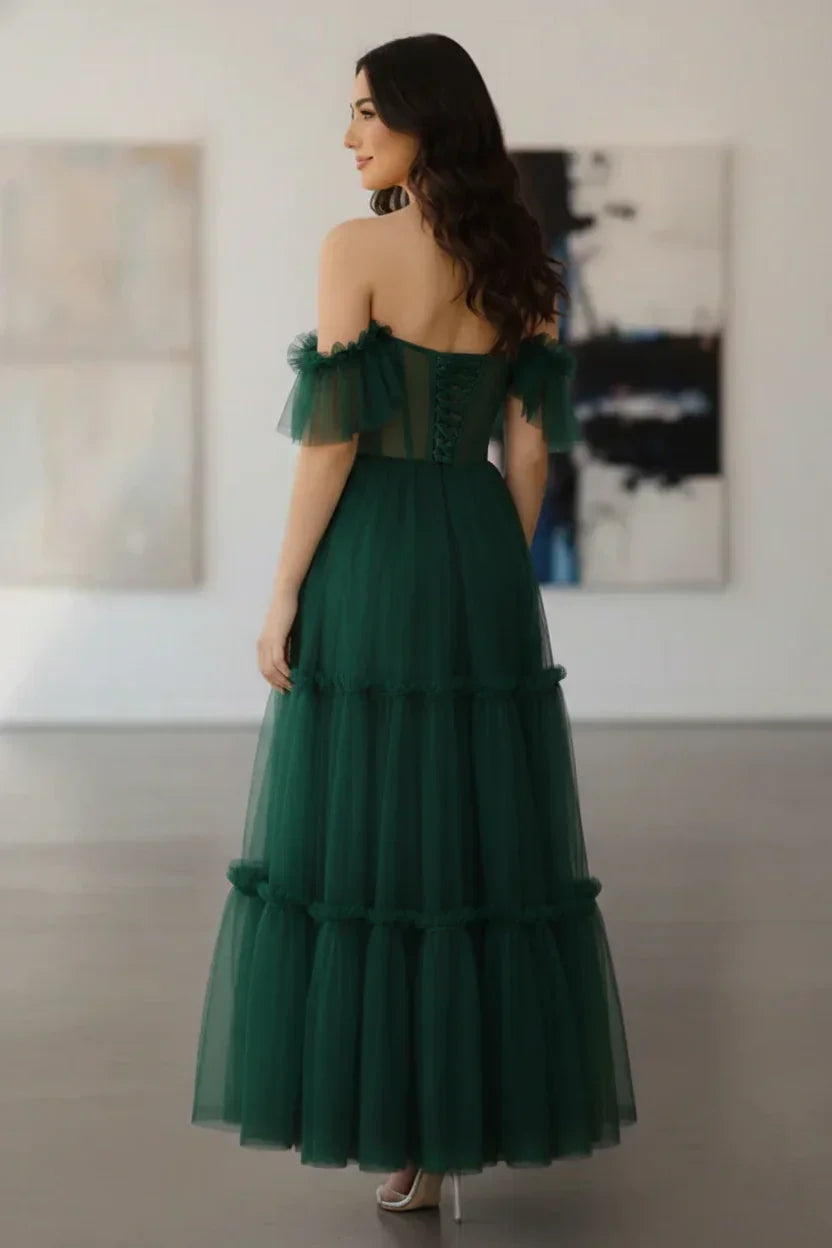 Tiered Tulle Off Shoulder Tea-Length Prom Dress with Corset Bodice | Sevoba