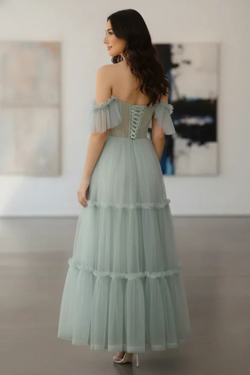 Tiered Tulle Off Shoulder Tea-Length Prom Dress with Corset Bodice | Sevoba