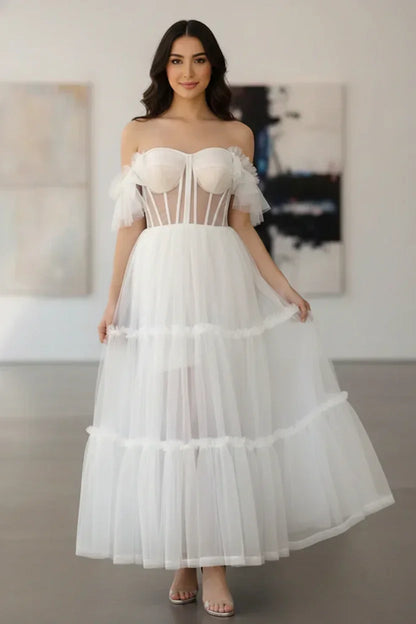 Tiered Tulle Off Shoulder Tea-Length Prom Dress with Corset Bodice | Sevoba