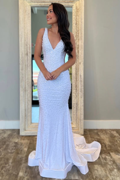 V-Neck Beaded Mermaid Prom Dress with Side Illusion