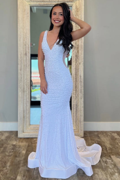 V-Neck Beaded Mermaid Prom Dress with Side Illusion