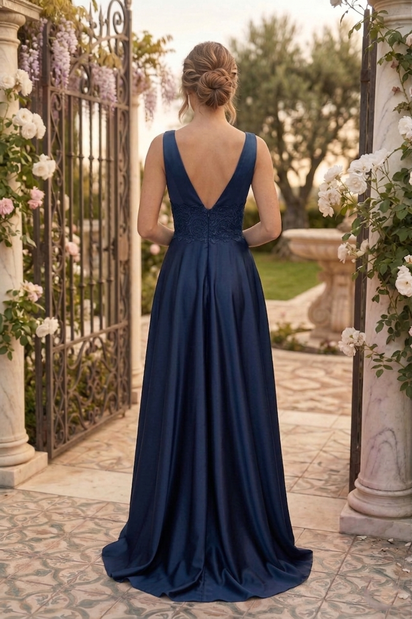 V-Neck Lace Waist Satin A-Line Prom Dress with Slit | Sevoba