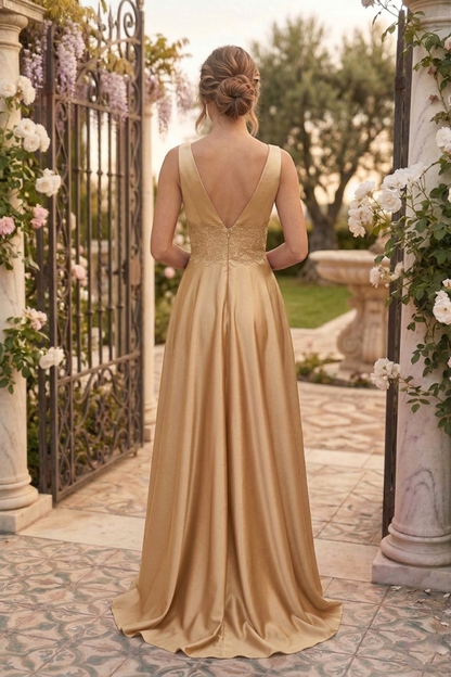 V-Neck Lace Waist Satin A-Line Prom Dress with Slit | Sevoba