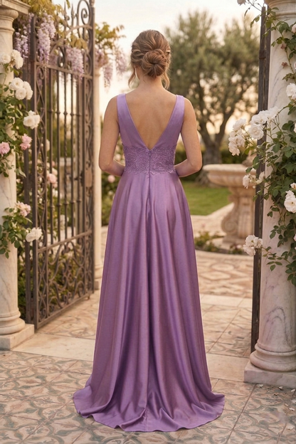 V-Neck Lace Waist Satin A-Line Prom Dress with Slit | Sevoba