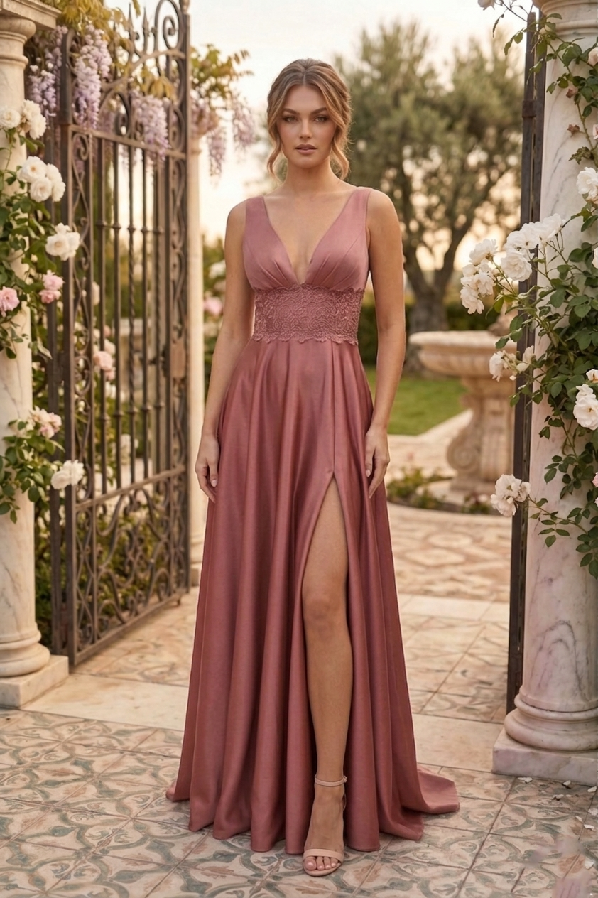 V-Neck Lace Waist Satin A-Line Prom Dress with Slit | Sevoba