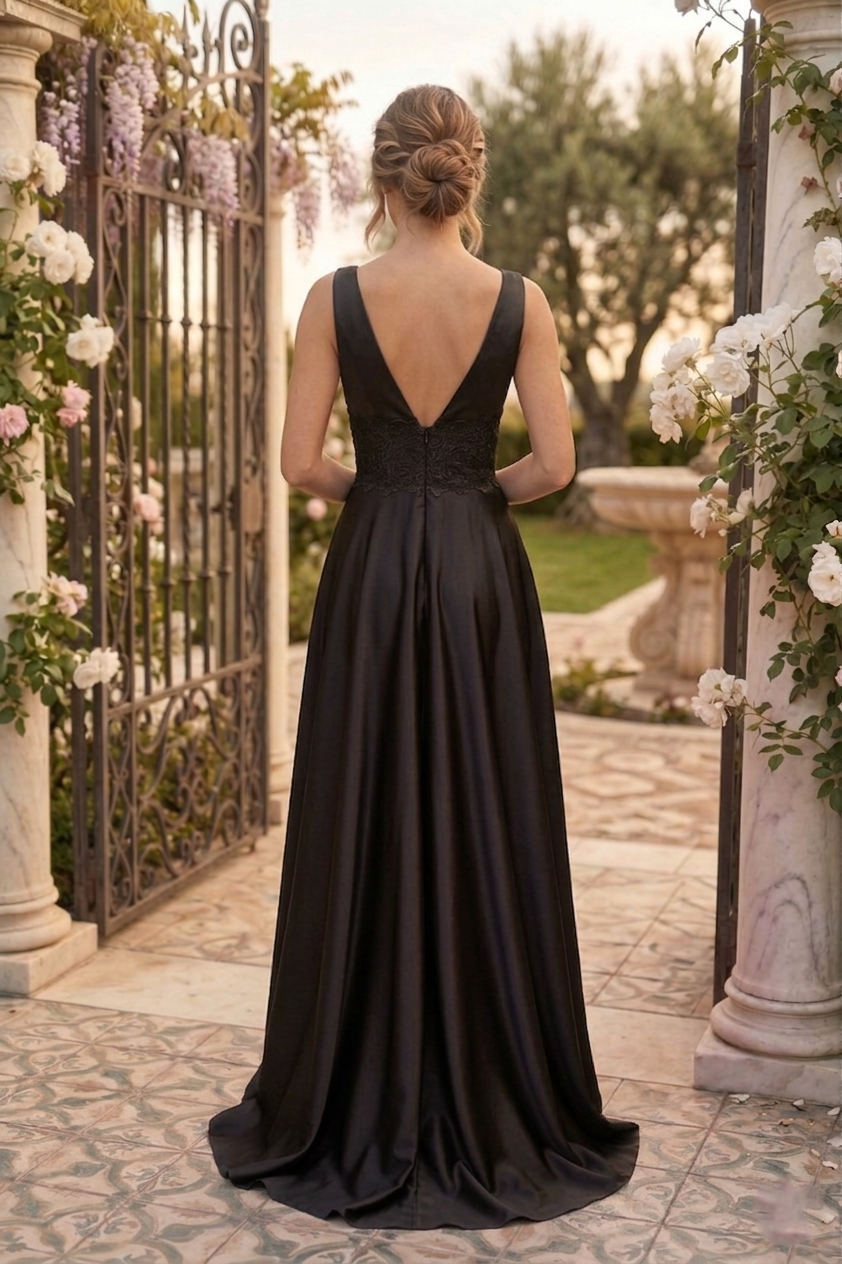 V-Neck Lace Waist Satin A-Line Prom Dress with Slit | Sevoba