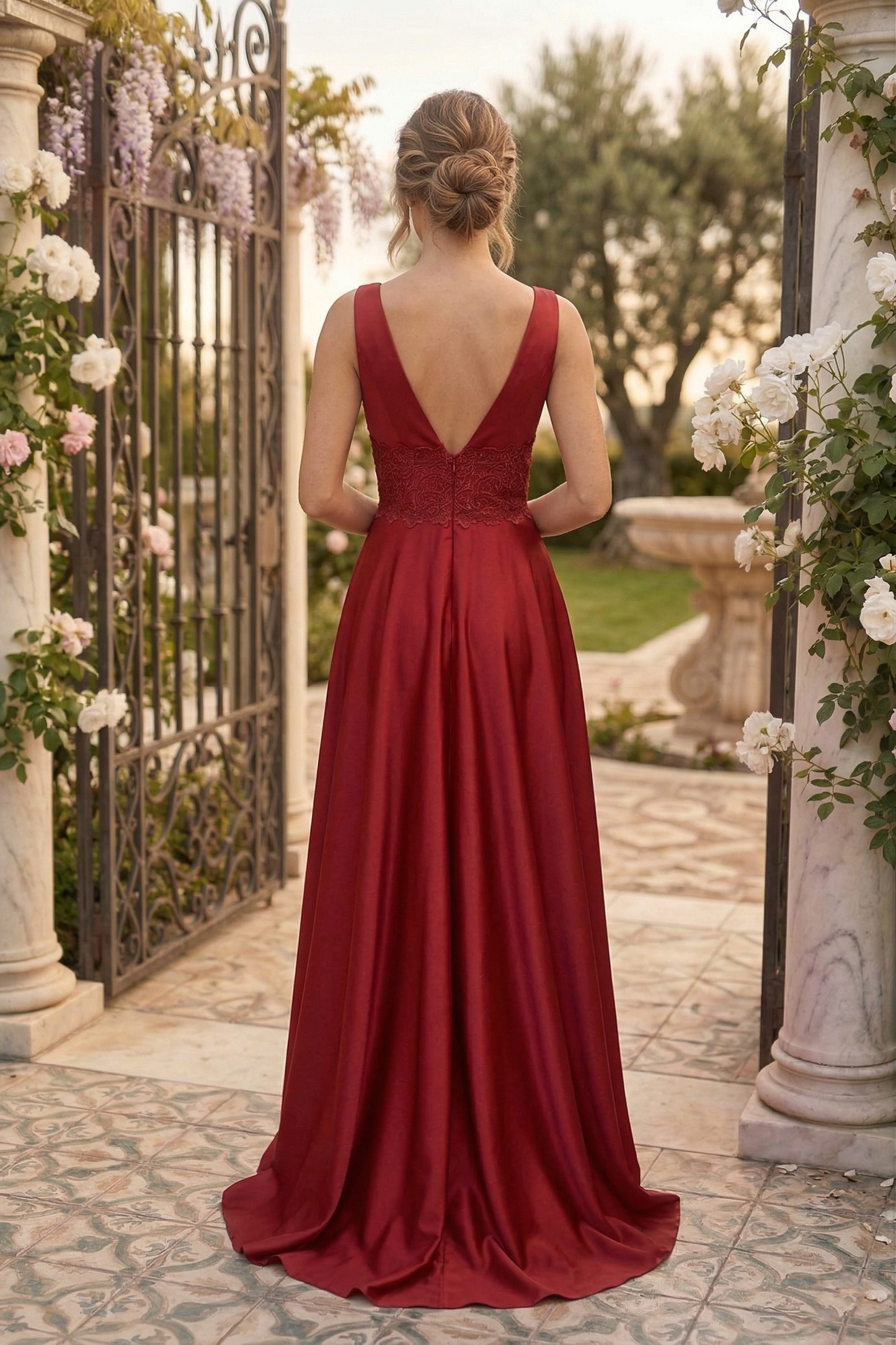 V-Neck Lace Waist Satin A-Line Prom Dress with Slit | Sevoba
