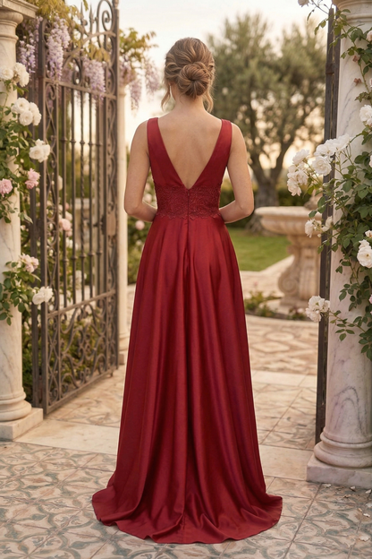 V-Neck Lace Waist Satin A-Line Prom Dress with Slit | Sevoba