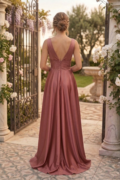 V-Neck Lace Waist Satin A-Line Prom Dress with Slit | Sevoba