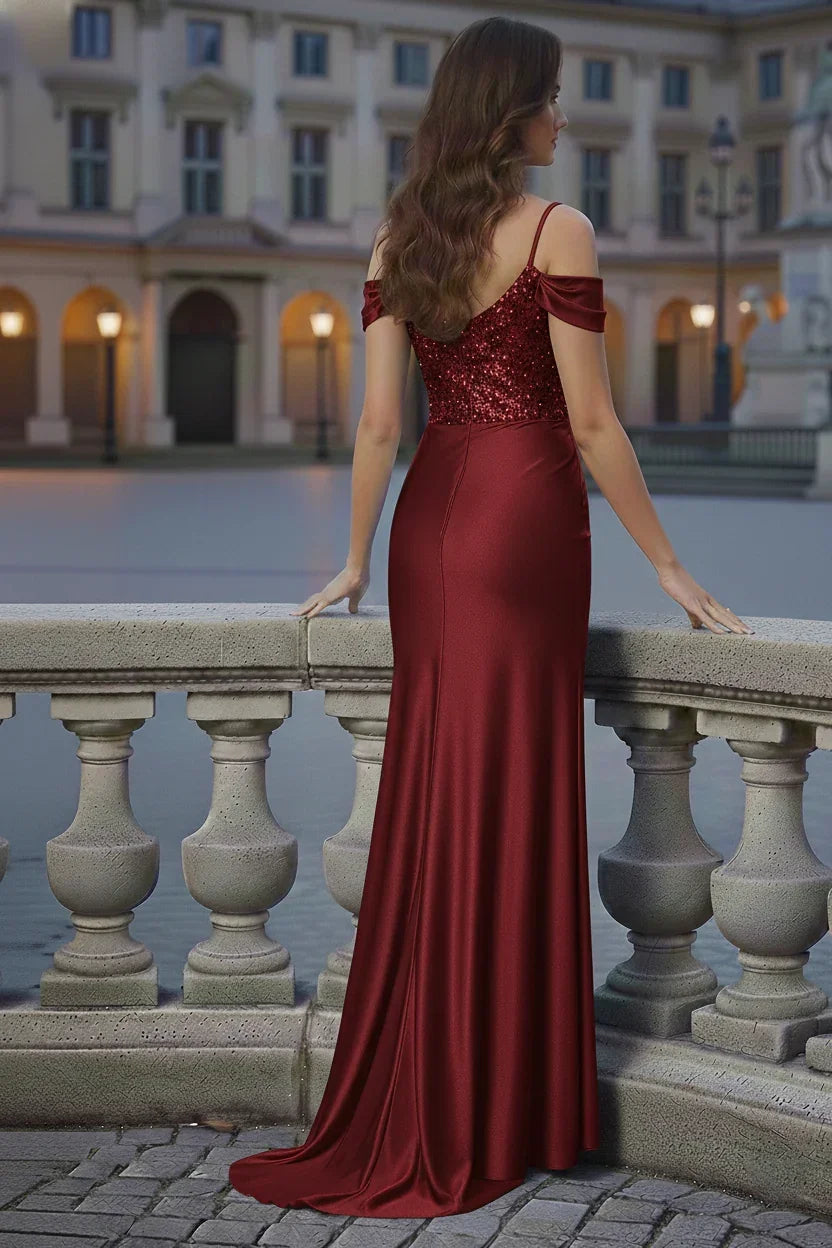 V-Neck Off Shoulder Glitter Bodice Satin Mermaid Prom Dress | Sevoba