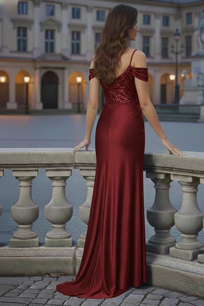 V-Neck Off Shoulder Glitter Bodice Satin Mermaid Prom Dress | Sevoba