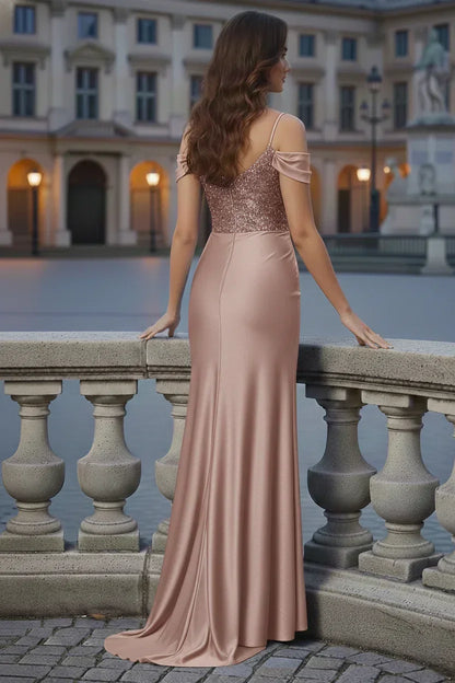 V-Neck Off Shoulder Glitter Bodice Satin Mermaid Prom Dress | Sevoba