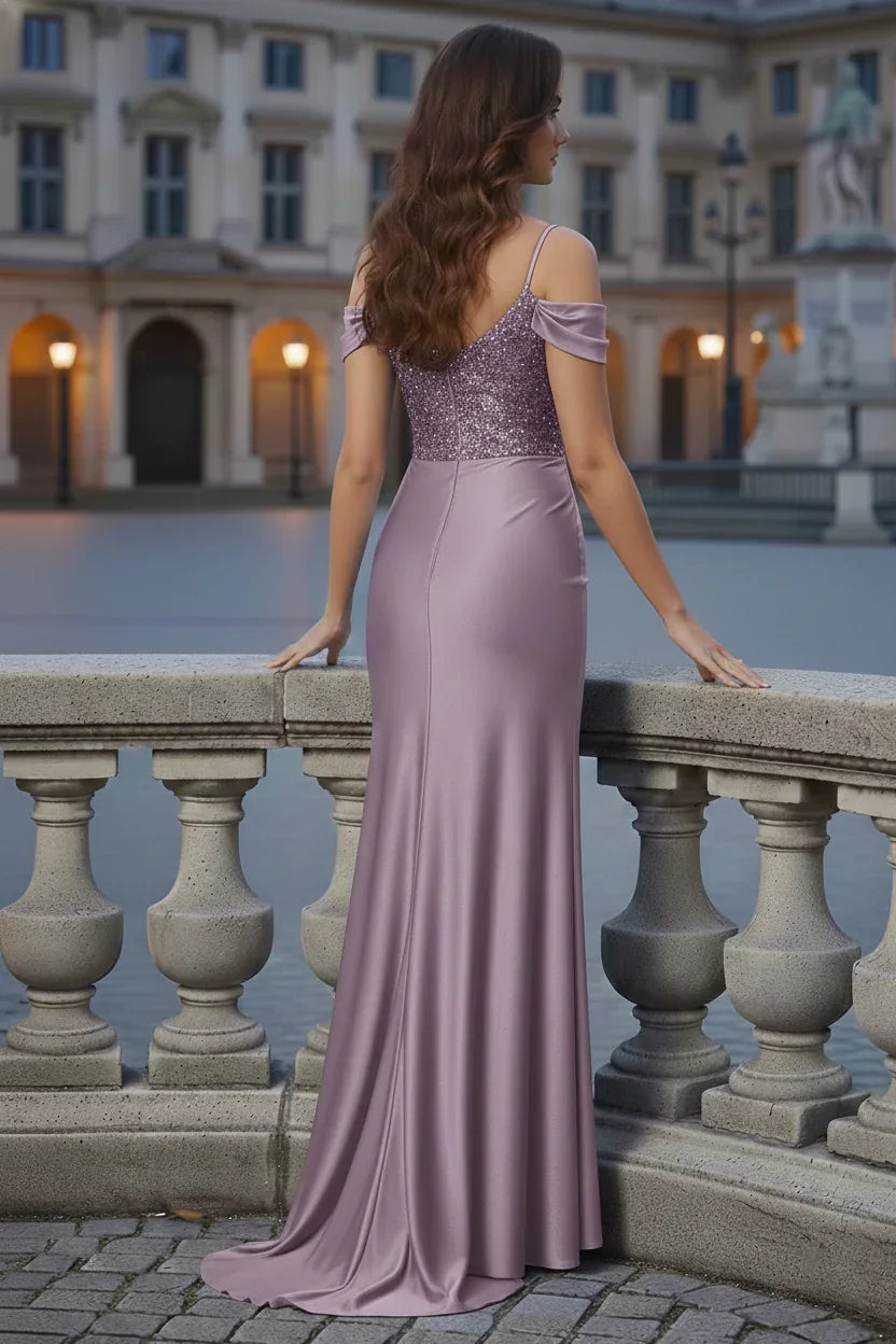 V-Neck Off Shoulder Glitter Bodice Satin Mermaid Prom Dress | Sevoba