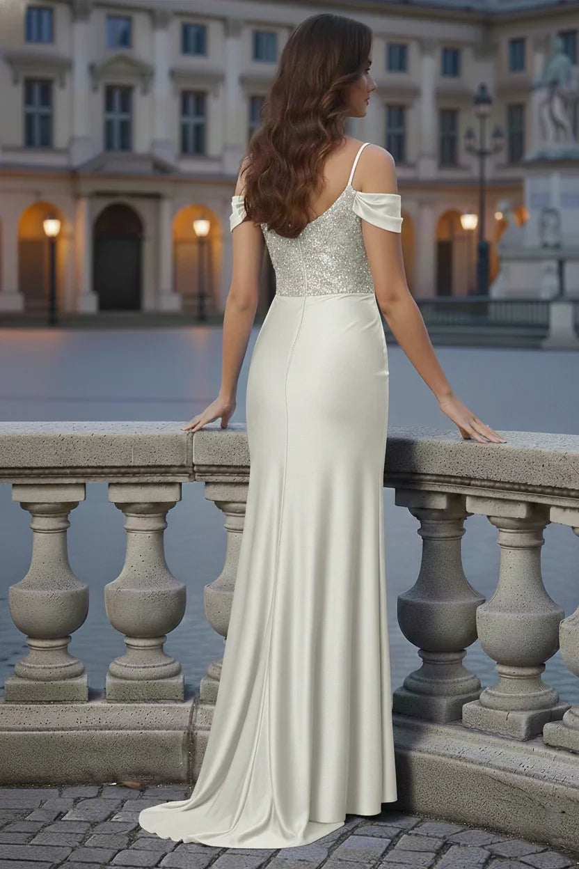 V-Neck Off Shoulder Glitter Bodice Satin Mermaid Prom Dress | Sevoba
